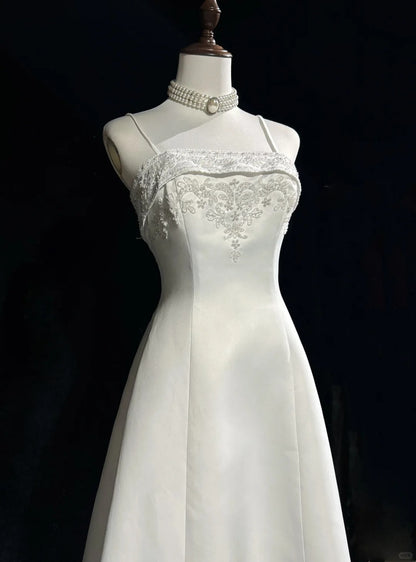 Spaghetti Strap Beaded Satin Long Prom Dress White Wedding Dress Graduation Prom Dress HZ1024