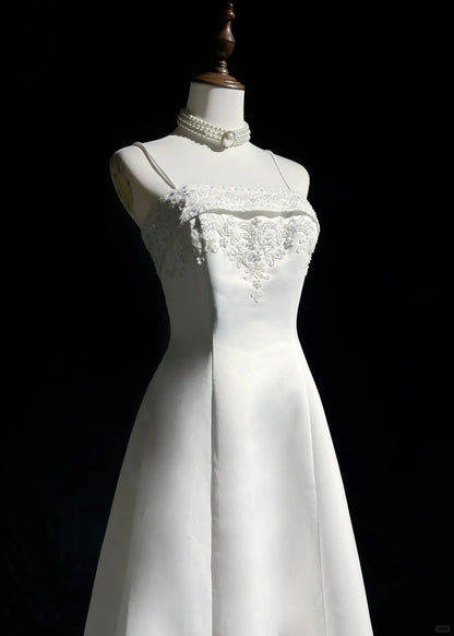 Spaghetti Strap Beaded Satin Long Prom Dress White Wedding Dress Graduation Prom Dress HZ1024