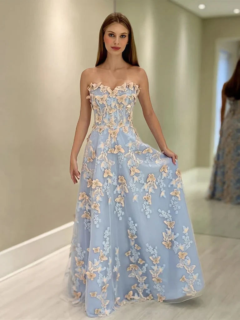 A-Line Sweetheart Neck Tulle Lace Blue Long Prom Dress Graduation Prom Dress ED01631