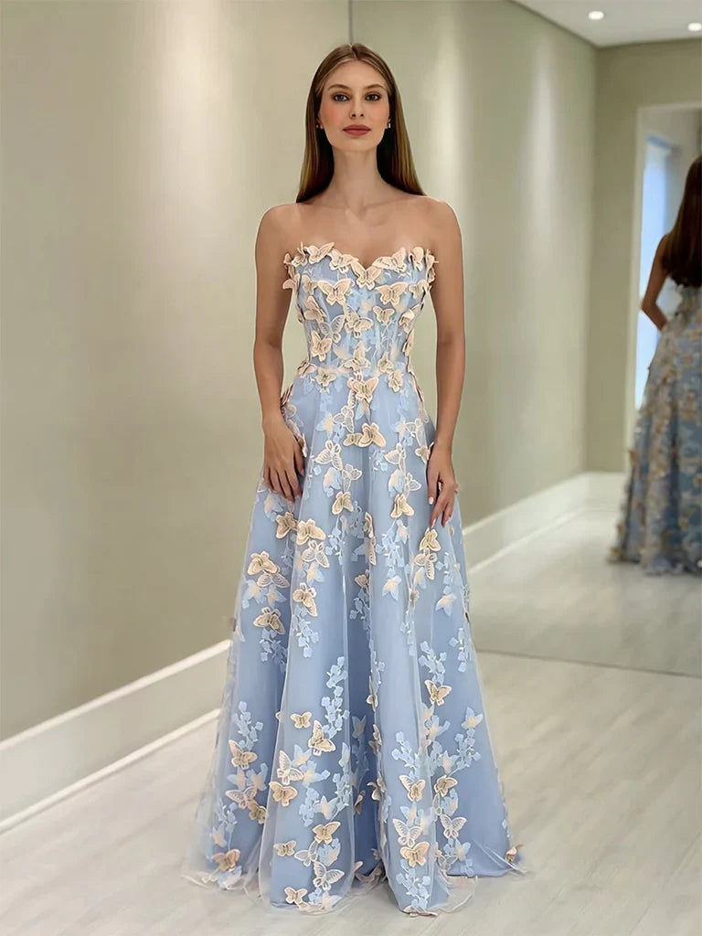 A-Line Sweetheart Neck Tulle Lace Blue Long Prom Dress Graduation Prom Dress ED01631