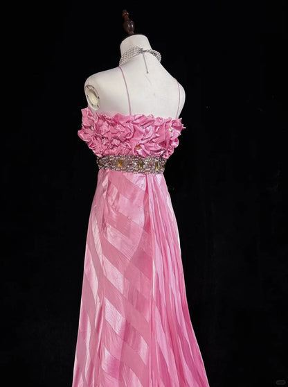 Pink Mermaid Spaghetti Straps Satin Beaded Long Prom Dress Beautiful Bridalmaid Dress Birthday Dress ED01632