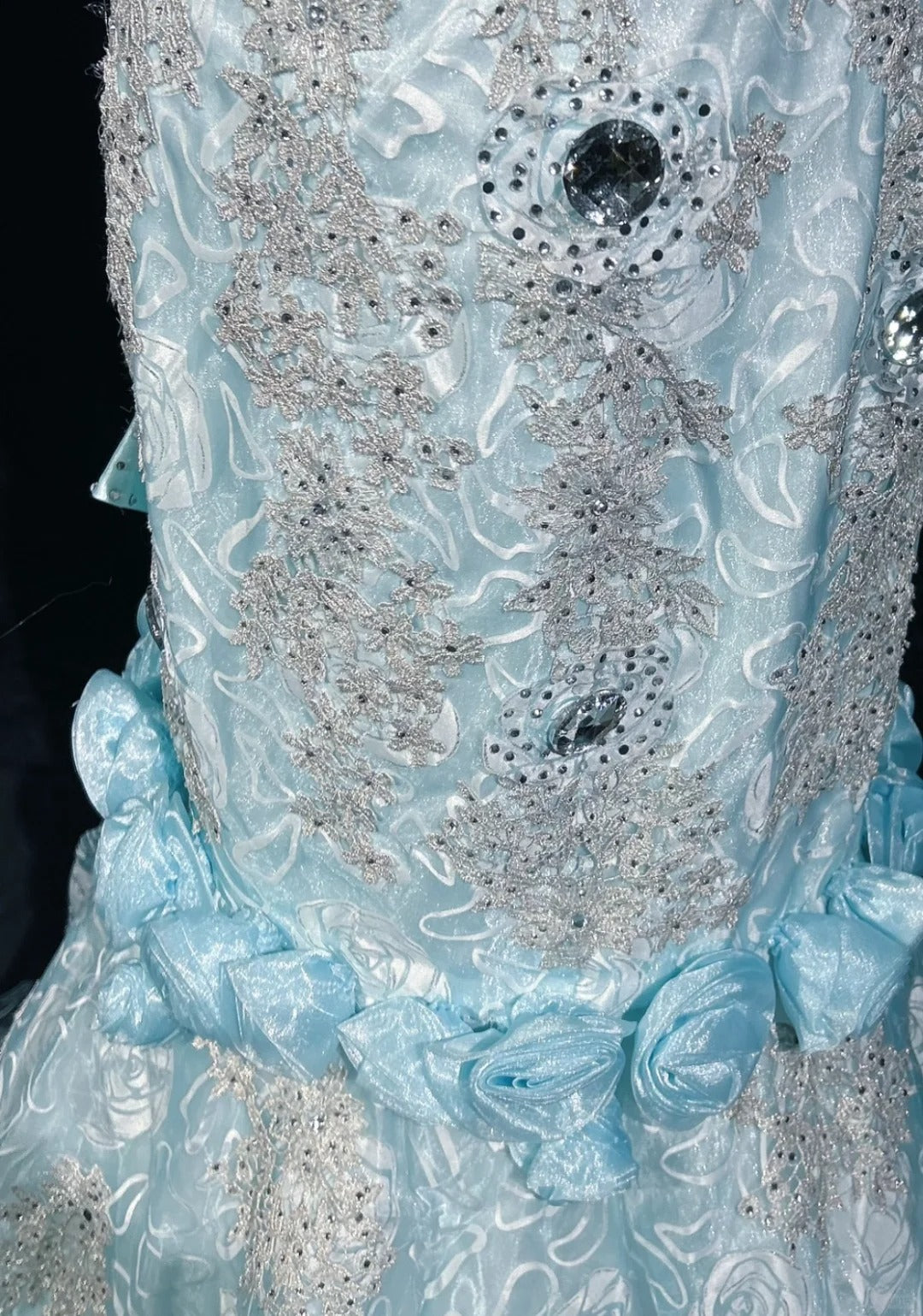 Blue Mermaid Spaghetti Straps Organza Diamond Long Prom Dress Lace Floral Evening Gown HZ1024