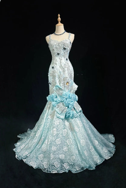 Blue Mermaid Spaghetti Straps Organza Diamond Long Prom Dress Lace Floral Evening Gown HZ1024