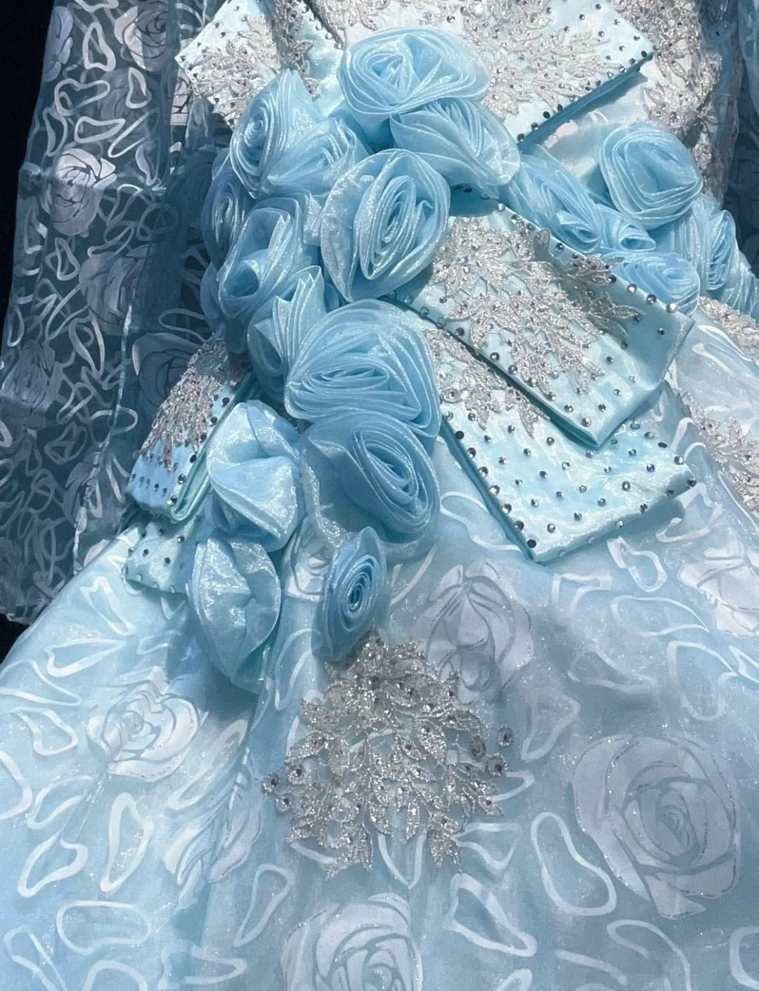 Blue Mermaid Spaghetti Straps Organza Diamond Long Prom Dress Lace Floral Evening Gown HZ1024