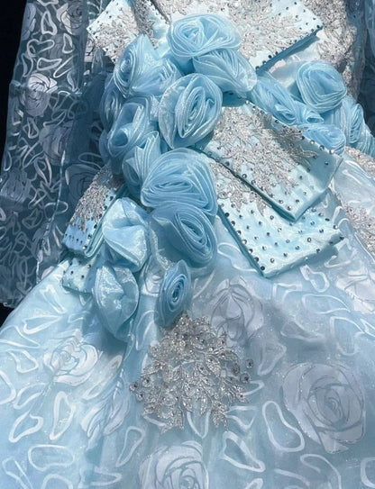 Blue Mermaid Spaghetti Straps Organza Diamond Long Prom Dress Lace Floral Evening Gown HZ1024