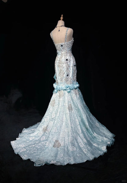 Blue Mermaid Spaghetti Straps Organza Diamond Long Prom Dress Lace Floral Evening Gown HZ1024
