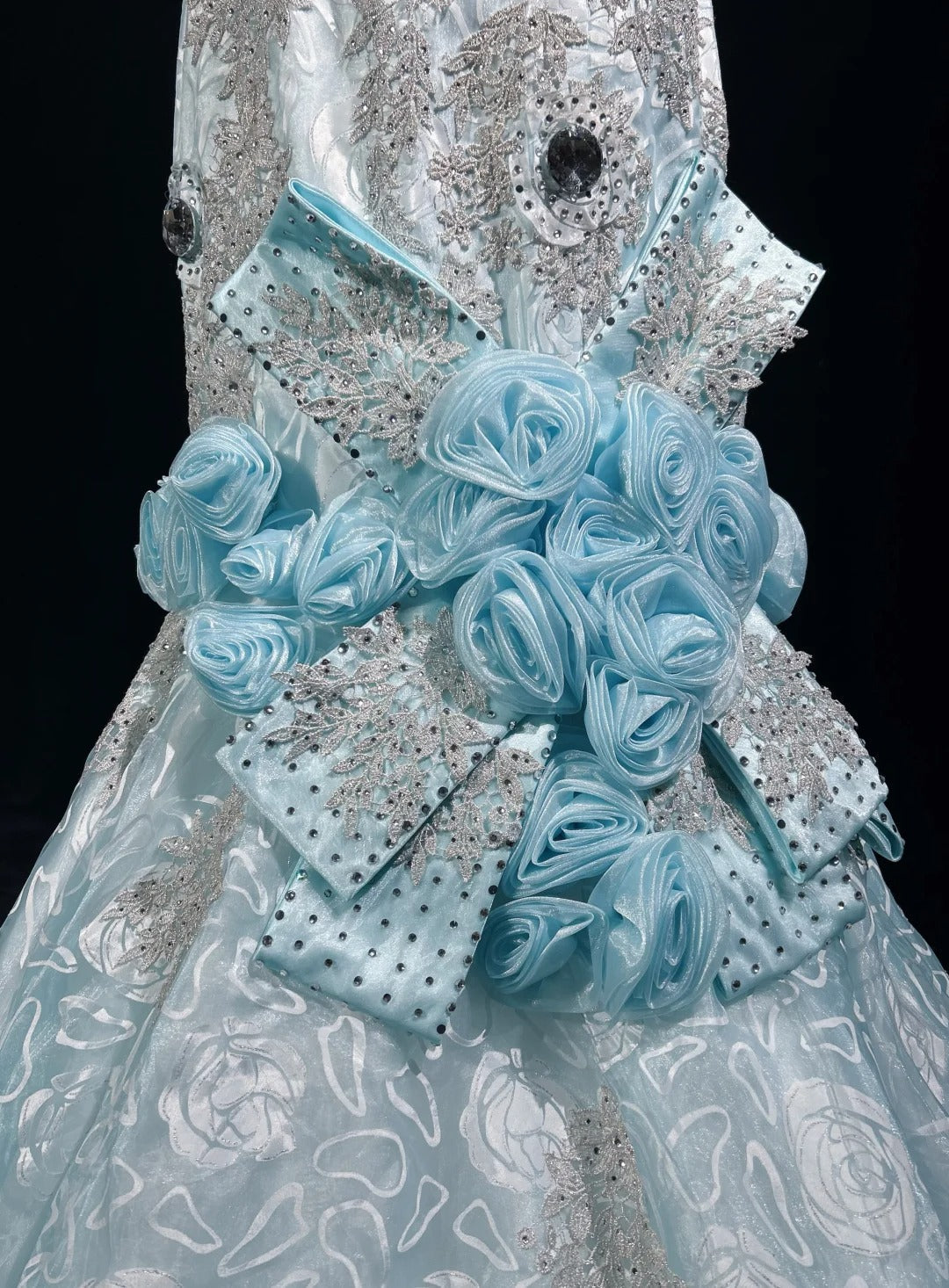 Blue Mermaid Spaghetti Straps Organza Diamond Long Prom Dress Lace Floral Evening Gown HZ1024