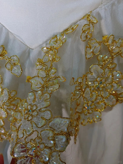 A-Line Strapless Satin Sequins Long Prom Dress Embroidered Applique Wedding Dress HZ1024