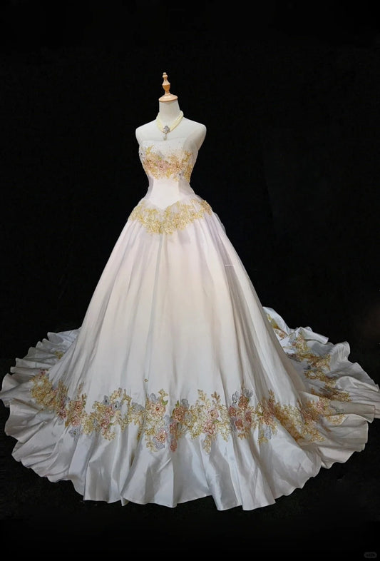 A-Line Strapless Satin Sequins Long Prom Dress Embroidered Applique Wedding Dress HZ1024