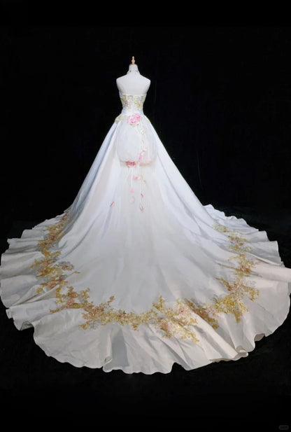 A-Line Strapless Satin Sequins Long Prom Dress Embroidered Applique Wedding Dress HZ1024