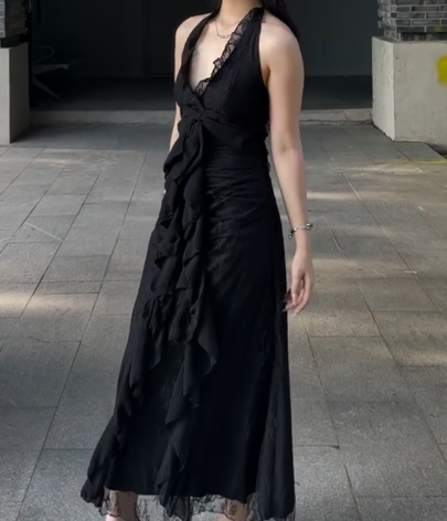 Black Halter A-Line Chiffon&Tulle Open Back Prom Dresses Birthday Dresses HZ1024