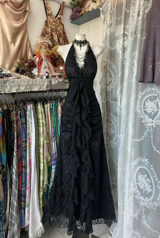 Black Halter A-Line Chiffon&Tulle Open Back Prom Dresses Birthday Dresses HZ1024