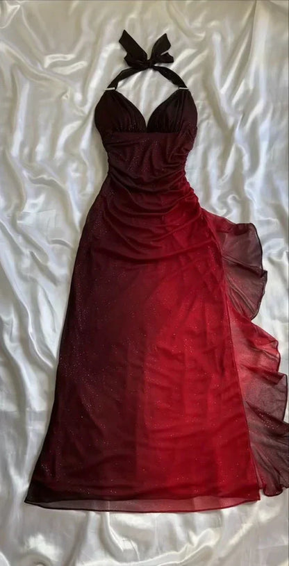 ?Chiffon Halter Sheath Prom Dress for Party&Birthday Elegant Blue Evening Gowns HZ1024
