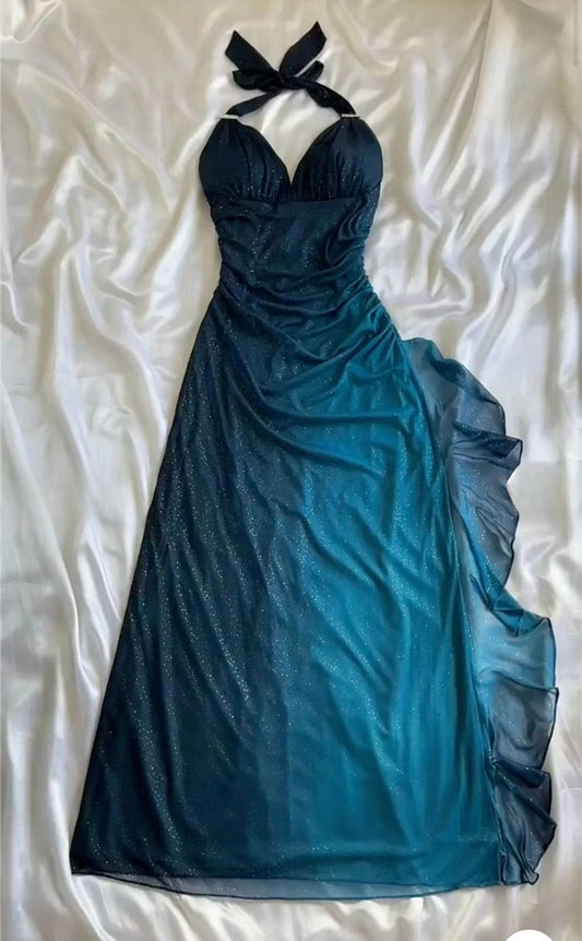 Shiny __hiffon Halter Sheath Prom Dress for Party&Birthday Elegant Dark Teal  Evening Gowns ED01643