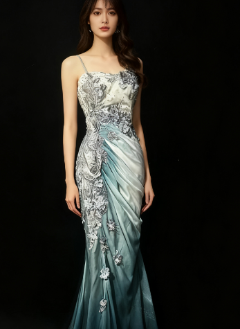 Elegant Chiffon Mermaid Spaghetti Strap Sequined Applique Long Prom Dresses__ Formal Evening Dresses  ED01646