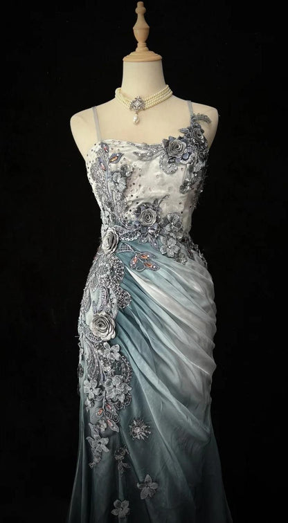 Chiffon Mermaid Spaghetti Strap Sequined Applique Long Prom Dresses?? Formal Evening Dresses HZ1024