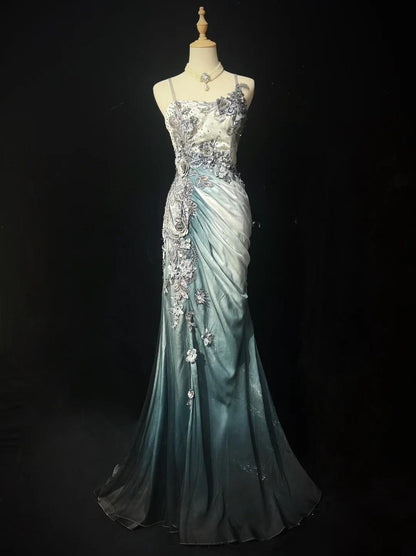Chiffon Mermaid Spaghetti Strap Sequined Applique Long Prom Dresses?? Formal Evening Dresses HZ1024