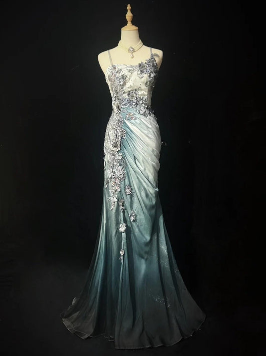 Chiffon Mermaid Spaghetti Strap Sequined Applique Long Prom Dresses?? Formal Evening Dresses HZ1024