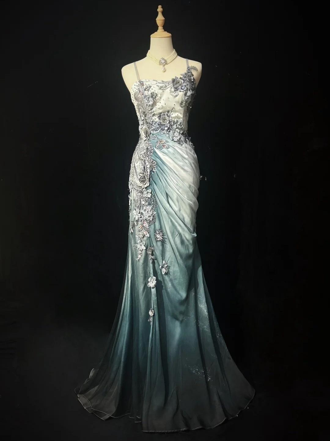 Elegant Chiffon Mermaid Spaghetti Strap Sequined Applique Long Prom Dresses__ Formal Evening Dresses  ED01646