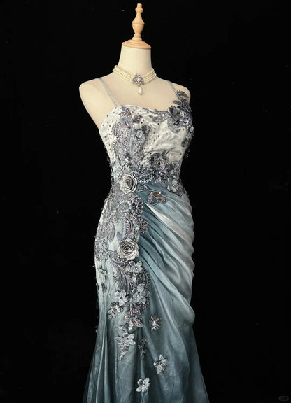 Chiffon Mermaid Spaghetti Strap Sequined Applique Long Prom Dresses?? Formal Evening Dresses HZ1024