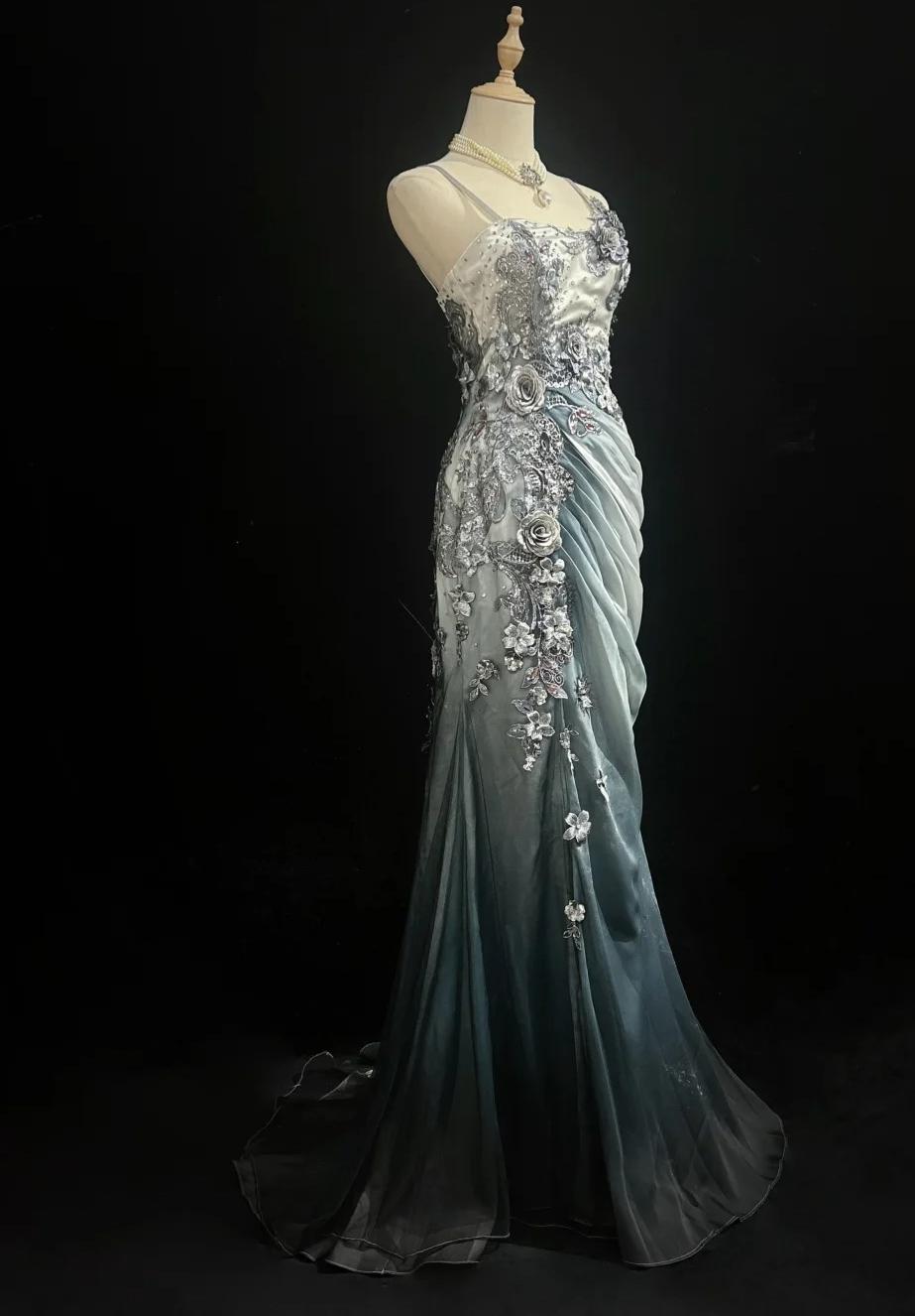 Elegant Chiffon Mermaid Spaghetti Strap Sequined Applique Long Prom Dresses__ Formal Evening Dresses  ED01646