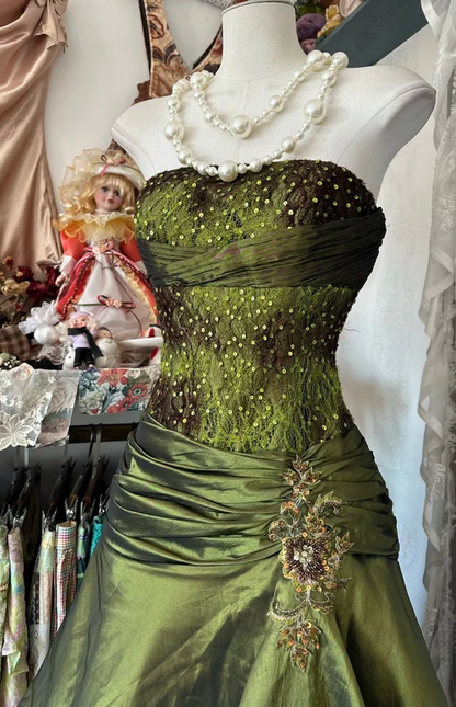 Vintage Mermaid Strapless Olive Green Satin Tulle Long Prom Dress Sequin Beaded Evening Dress ED01648