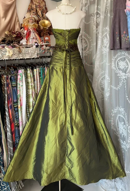 Mermaid Strapless Olive Green Satin Tulle Long Prom Dress Sequin Beaded Evening Dress HZ1024