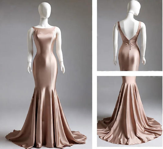Champagne Mermaid Simple Satin Long Prom Dress Backless Evening Gown HZ1024