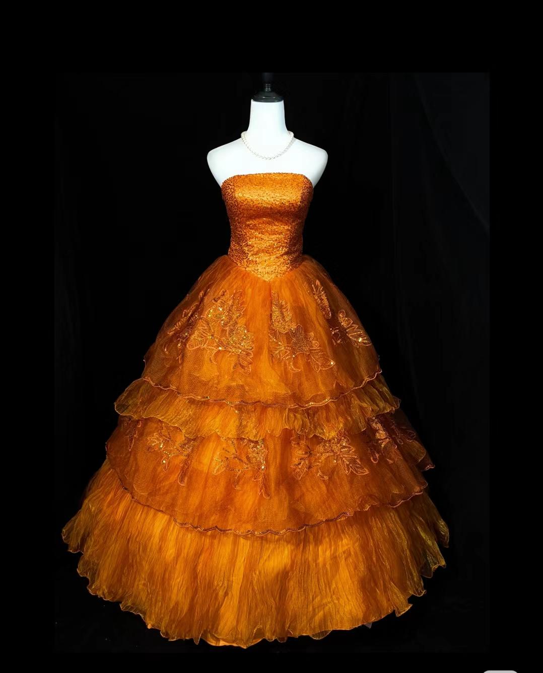 Retro Orange A-Line Strapless Tulle Sequin Long Prom Dress Gorgeous Sweet 16 Dress Quinceanera Dress ED01650