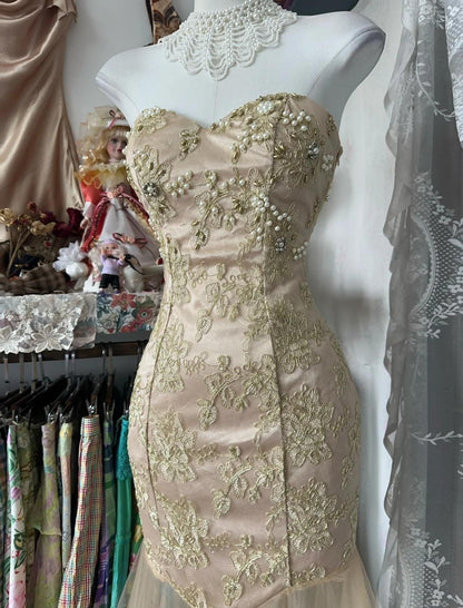 Mermaid Strapless Sweetheart Tulle Beaded Applique Long Prom Dress HZ1024