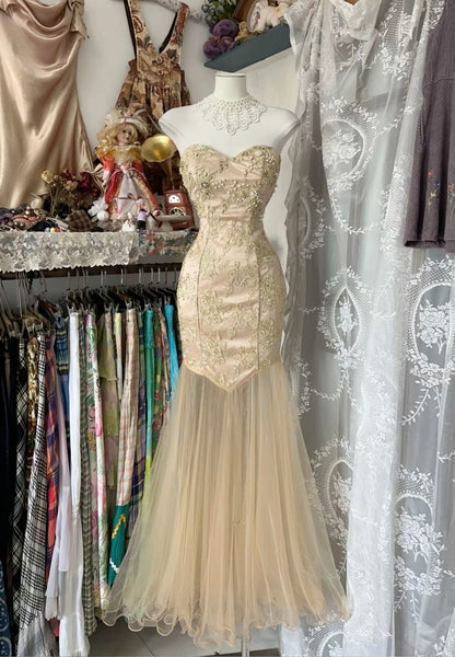 Mermaid Strapless Sweetheart Tulle Beaded Applique Long Prom Dress HZ1024