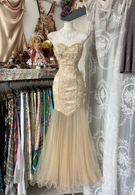 Yellow Mermaid Strapless Sweetheart Tulle Beaded Applique Long Prom Dress ED01651