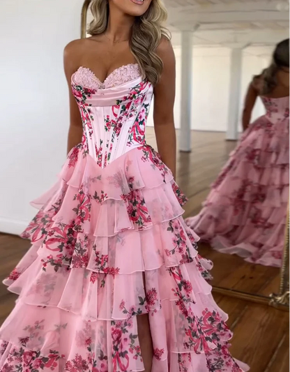 A-Line Chiffon Floral Print Ruffle Long Prom Dress with Slit HZ1024