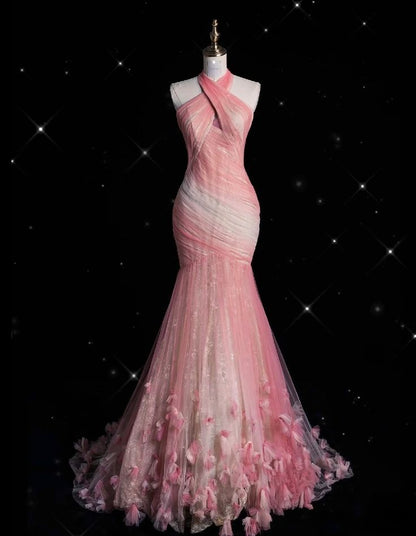 Mermaid Halter Neck Tulle Long Prom Dress Sweet 16 Dress HZ1024