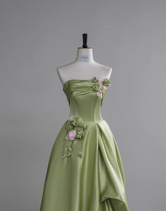 Beautiful Green A-Line Strapless Satin Applique Long Prom Dress Cute Birthday Dress Formal Evening Dress ED01655