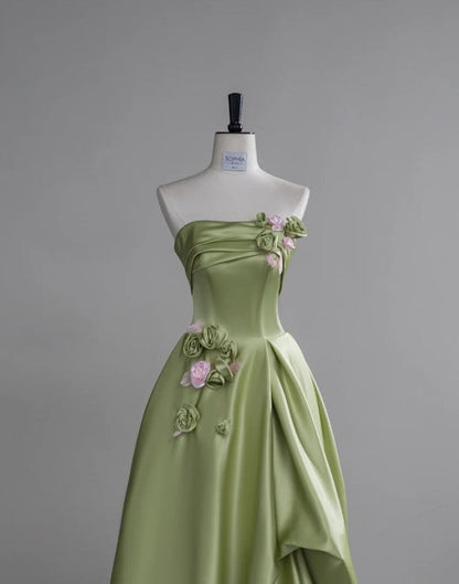 Beautiful Green A-Line Strapless Satin Applique Long Prom Dress Cute Birthday Dress Formal Evening Dress ED01655
