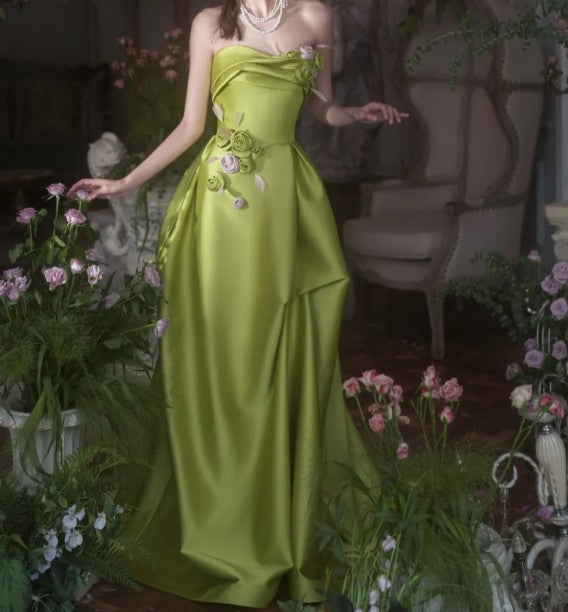 Beautiful Green A-Line Strapless Satin Applique Long Prom Dress Cute Birthday Dress Formal Evening Dress ED01655