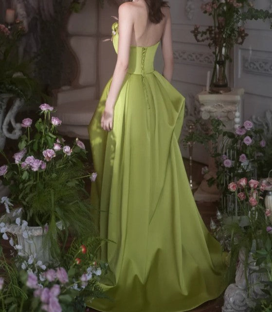 Beautiful Green A-Line Strapless Satin Applique Long Prom Dress Cute Birthday Dress Formal Evening Dress ED01655