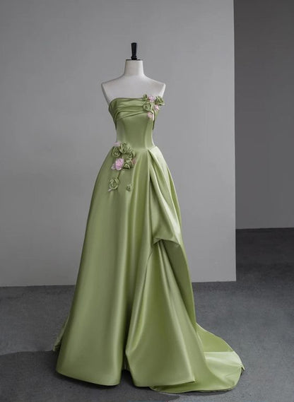 Green A-Line Strapless Satin Applique Long Prom Dress Cute Birthday Dress Formal Evening Dress HZ1024