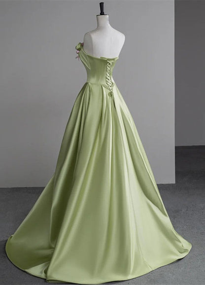 Green A-Line Strapless Satin Applique Long Prom Dress Cute Birthday Dress Formal Evening Dress HZ1024