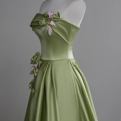 Beautiful Green A-Line Strapless Satin Applique Long Prom Dress Cute Birthday Dress Formal Evening Dress ED01655