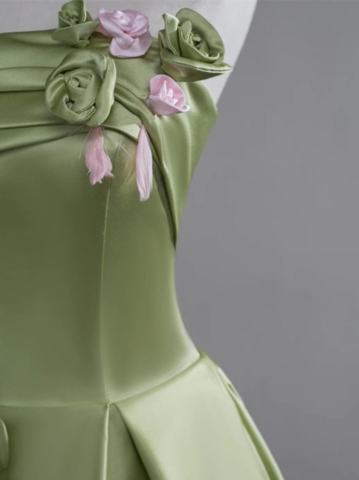 Beautiful Green A-Line Strapless Satin Applique Long Prom Dress Cute Birthday Dress Formal Evening Dress ED01655
