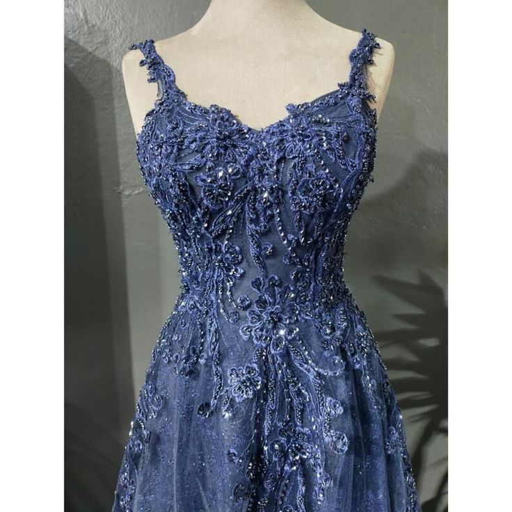 Blue A-Line Spaghetti Strap Tulle Beaded Long Prom Dress Applique Graduation Prom Dress HZ1024