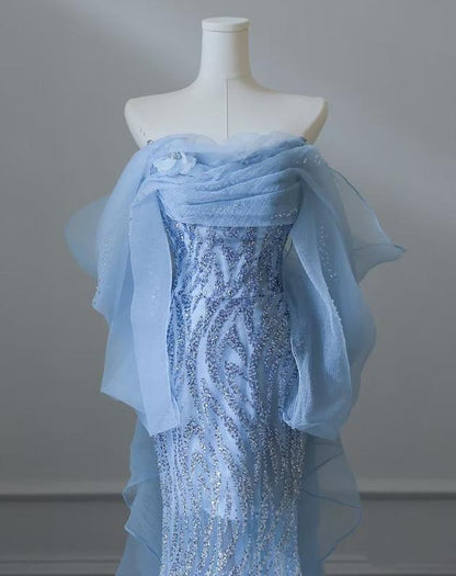 Sky Blue Mermaid Strapless Tulle Beaded Long Prom Dress Elegant Evening Dress ED01661