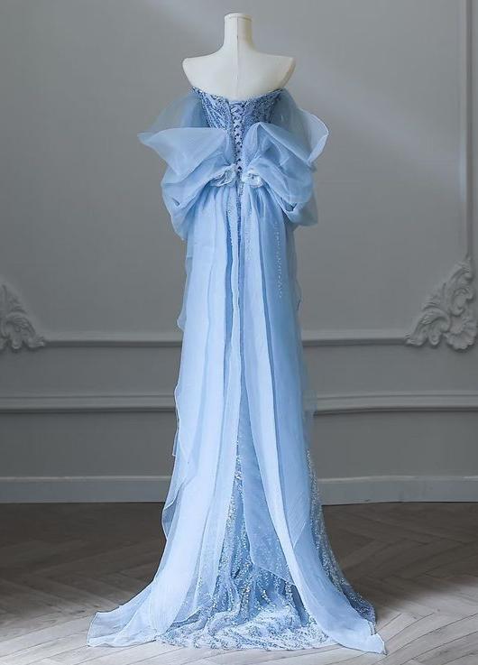 Sky Blue Mermaid Strapless Tulle Beaded Long Prom Dress Elegant Evening Dress ED01661