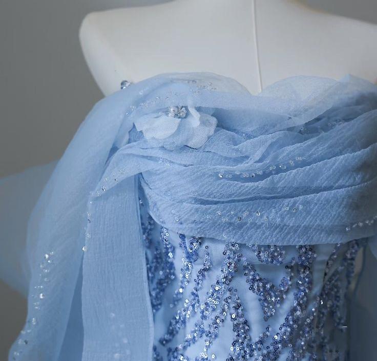 Sky Blue Mermaid Strapless Tulle Beaded Long Prom Dress Elegant Evening Dress ED01661