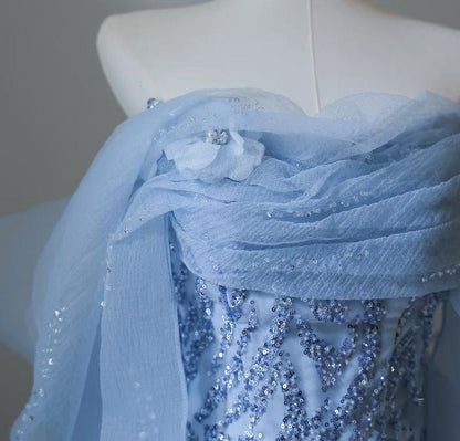 Sky Blue Mermaid Strapless Tulle Beaded Long Prom Dress Elegant Evening Dress ED01661