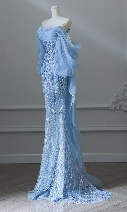 Sky Blue Mermaid Strapless Tulle Beaded Long Prom Dress Elegant Evening Dress ED01661