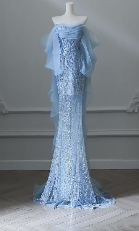 Sky Blue Mermaid Strapless Tulle Beaded Long Prom Dress Elegant Evening Dress ED01661