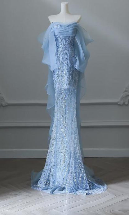 Sky Blue Mermaid Strapless Tulle Beaded Long Prom Dress Elegant Evening Dress ED01661